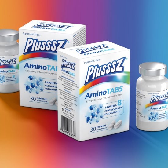 Projekt opakowania Plusssz Amino Tabs, Packaging design, Suplement diety, Apteka, Pharmacy