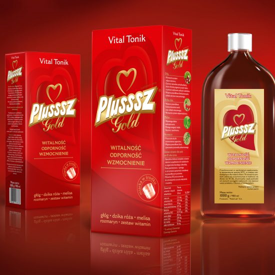 Projekt opakowania Plusssz Gold Vital Tonik, Tonik, Projekt opakowania, Packaging design, Polski Lek
